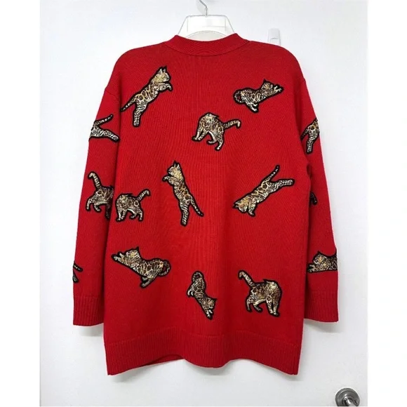 Alice + Olivia Red Bengal Cat Embroidered Grandpa Cardigan – Wool Blend, Size M - Picture 9 of 15